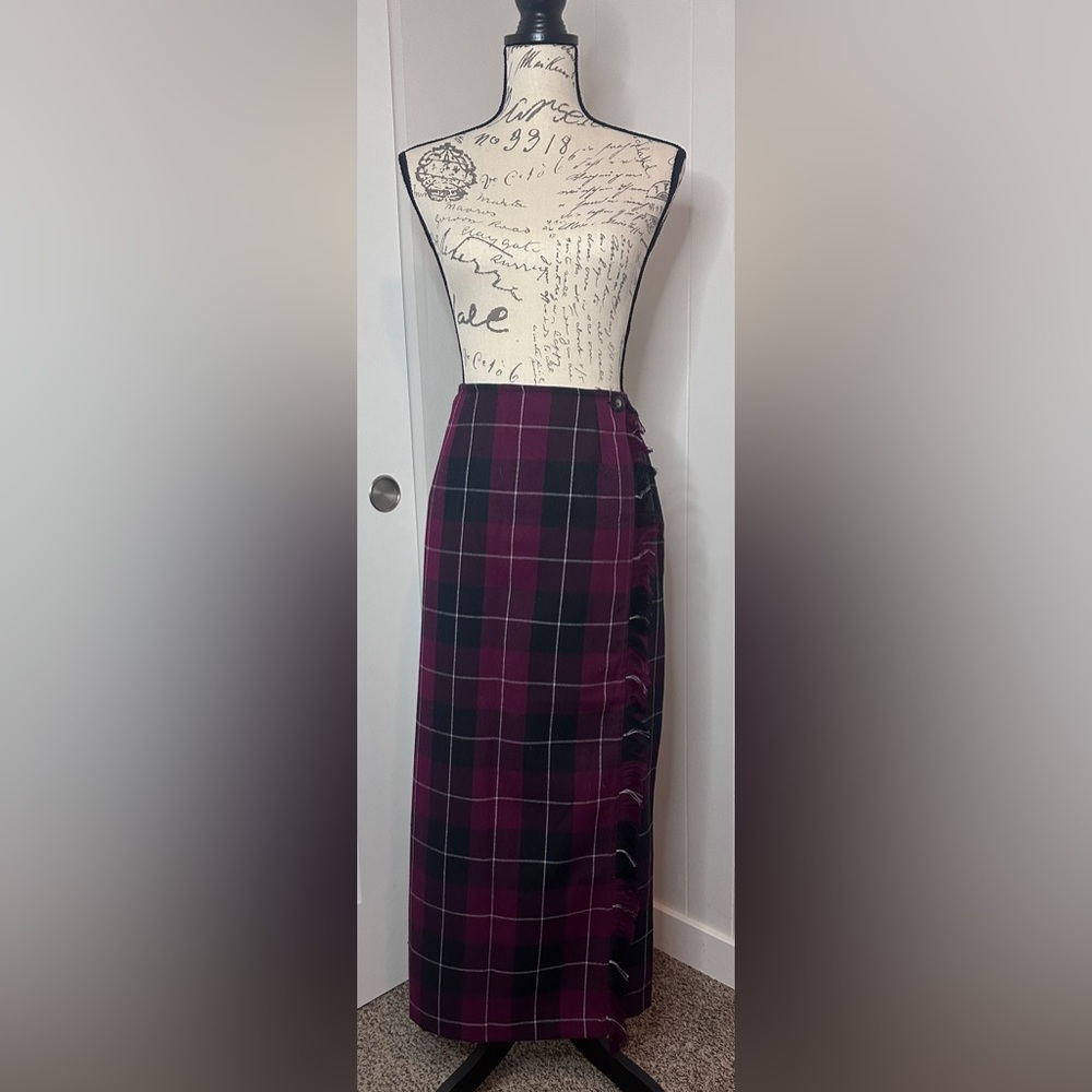 White Stag Vintage Burgundy Black Plaid Wrap Midi/Maxi Fringe Pencil Skirt Sz 14